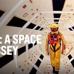 poster film 2001 a space odyssey dengan pesawat luar angkasa dan monolit hitam