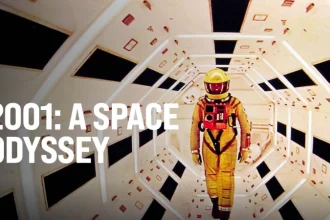 poster film 2001 a space odyssey dengan pesawat luar angkasa dan monolit hitam
