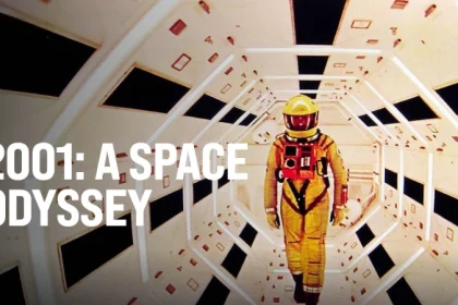poster film 2001 a space odyssey dengan pesawat luar angkasa dan monolit hitam