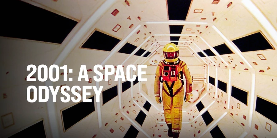 poster film 2001 a space odyssey dengan pesawat luar angkasa dan monolit hitam