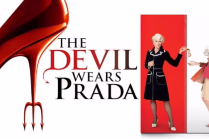 Poster film The Devil Wears Prada 2006 dengan sepatu hak tinggi merah berbentuk garpu setan