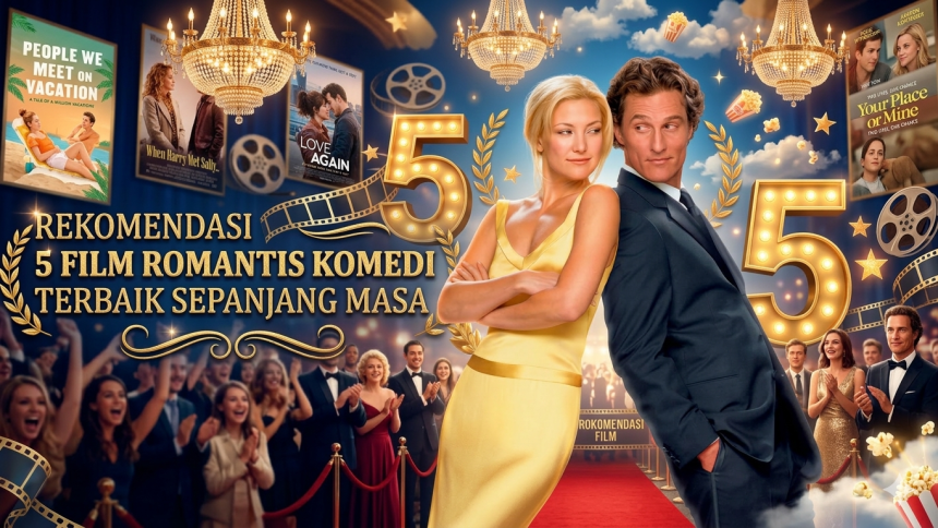 Poster 5 rekomendasi film romcom terbaik dari klasik hingga modern, termasuk People We Meet on Vacation, Love Again, Your Place or Mine, She's All That, dan How to Lose a Guy in 10 Days