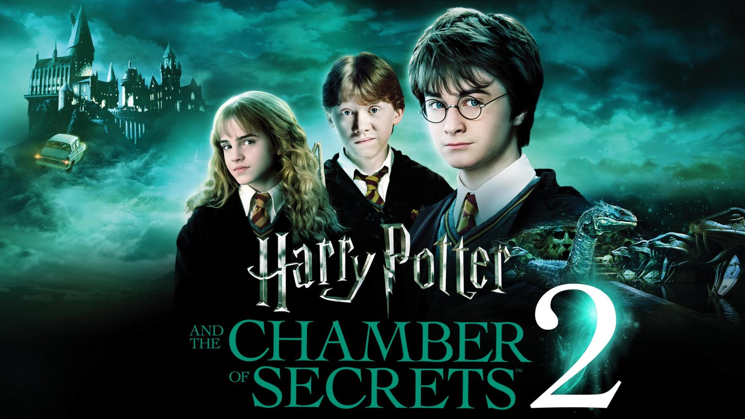 Poster film Harry Potter and the Chamber of Secrets di Hogwarts dengan Harry Potter dan Basilisk