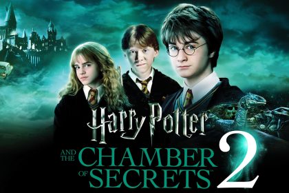 Poster film Harry Potter and the Chamber of Secrets di Hogwarts dengan Harry Potter dan Basilisk