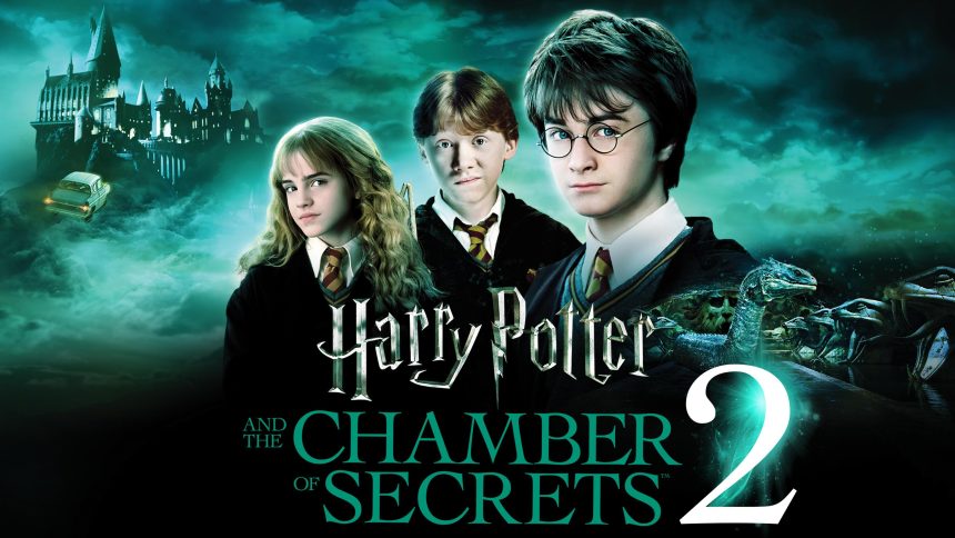 Poster film Harry Potter and the Chamber of Secrets di Hogwarts dengan Harry Potter dan Basilisk