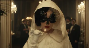 Cruella tampil mencolok di pesta dengan gaun dramatis