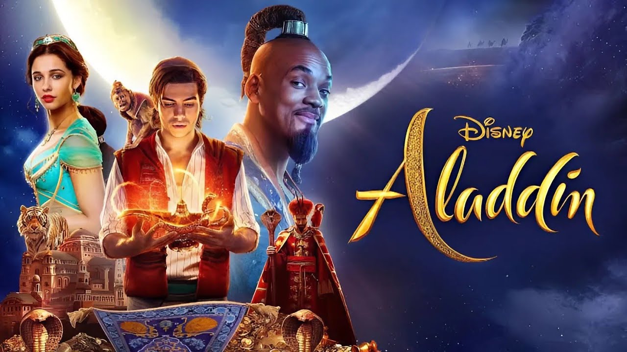 poster film Aladdin 2019 Disney dengan Genie dan lampu ajaib