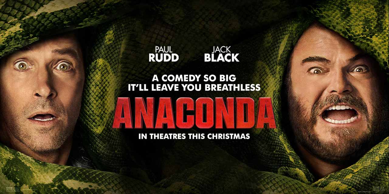 Poster film Anaconda 2025 menampilkan ular raksasa dengan nuansa gelap dan menegangkan
