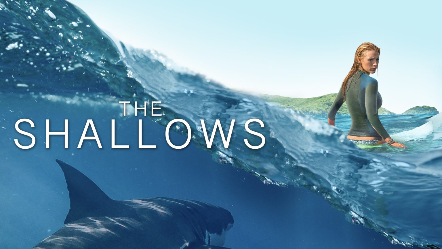 Poster film The Shallows 2016 dengan wanita di laut dan hiu mengintai dari bawah